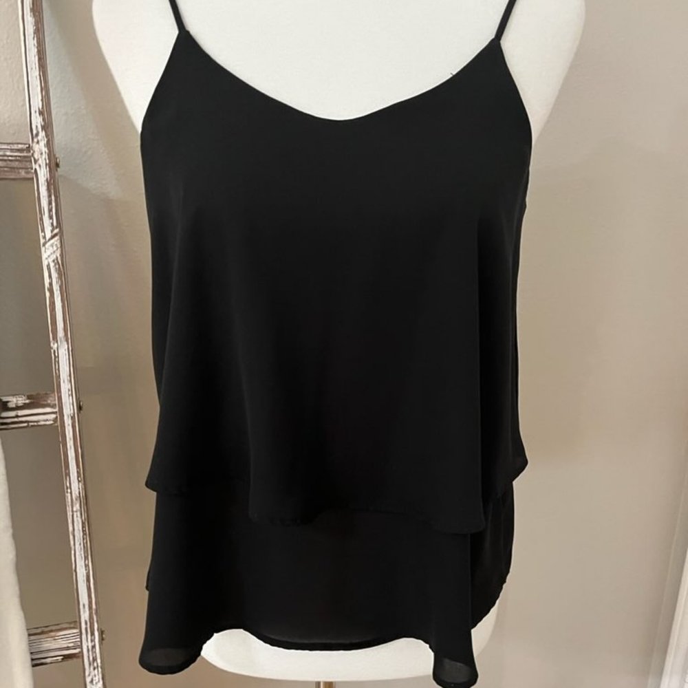 Annabella BLK Spaghetti straps V neck Ruffle Cami Flare Tiered Top - SML